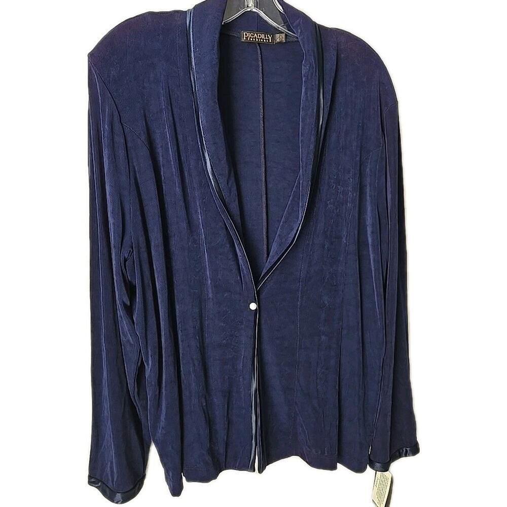 Picadilly Blue Knit Jacket XL Slinky Stretch Shawl Collar Cruise Travel Office
